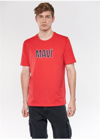 Mavi Bisiklet Yaka Kısa Kollu Baskılı Açık Kırmızı Erkek T-Shirt