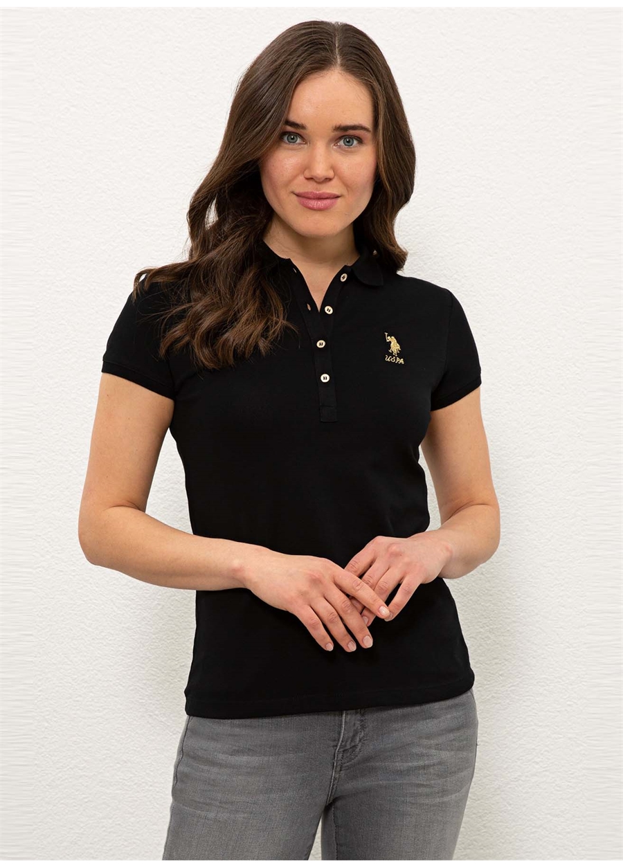 U.S. Polo Assn. Polo Yaka Düz Siyah Kadın T-Shirt TP0121