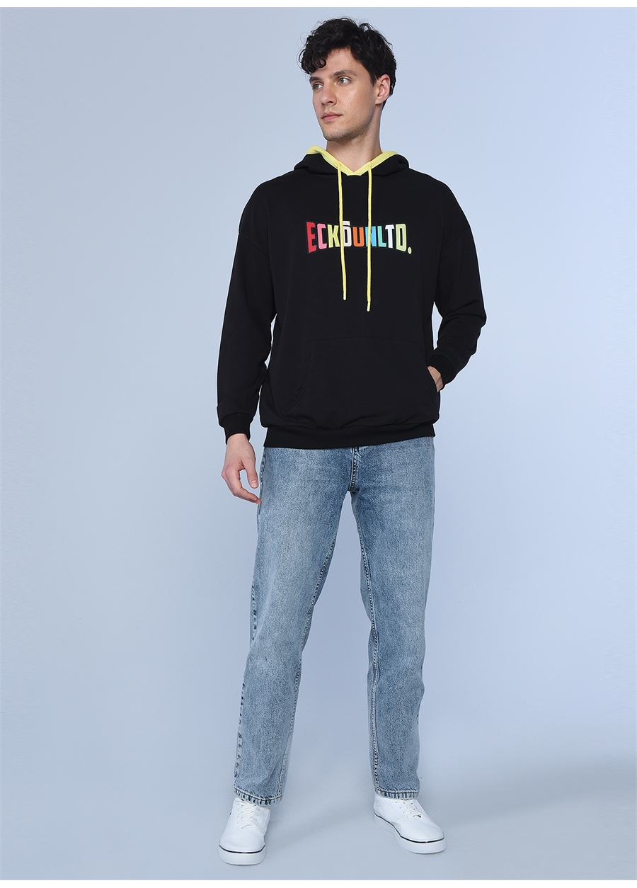 Ecko Unlimited Renkli Yazılı Kapüşonlu Kanguru Cepli Siyah Erkek Sweatshirt