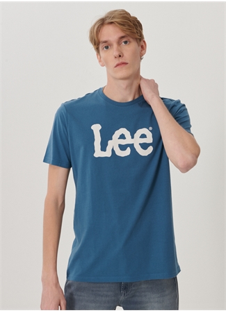 Lee L65QAIQO_Logo Bisiklet Yaka Logo Baskılı Slim Fit Pamuklu Mavi Erkek T-Shirt_2