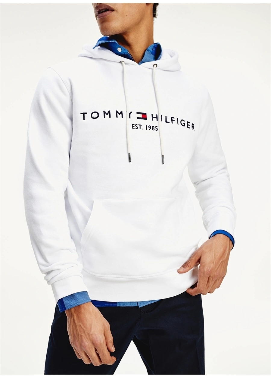Tommy Hilfiger Beyaz Erkek Kapüşonlu Regular Fit Düz Sweatshirt MW0MW11599YBR
