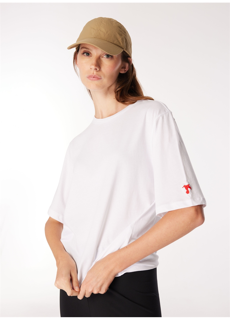 Fabrika Beyaz Kadın Bisiklet Yaka Oversize T-Shirt DANTITA_0