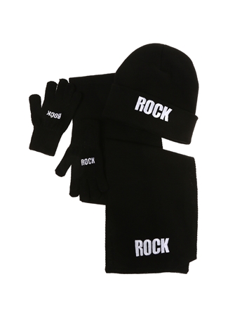 Funky Rocks Ht01 Siyah Unisex Nakışlı Atkı-Bere-Eldiven Takımı