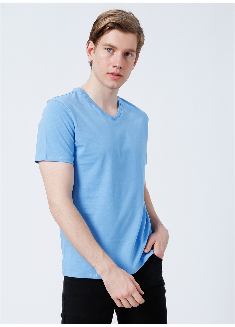 Limon V Yaka Basic Düz Mavi Erkek T-Shirt - TOM