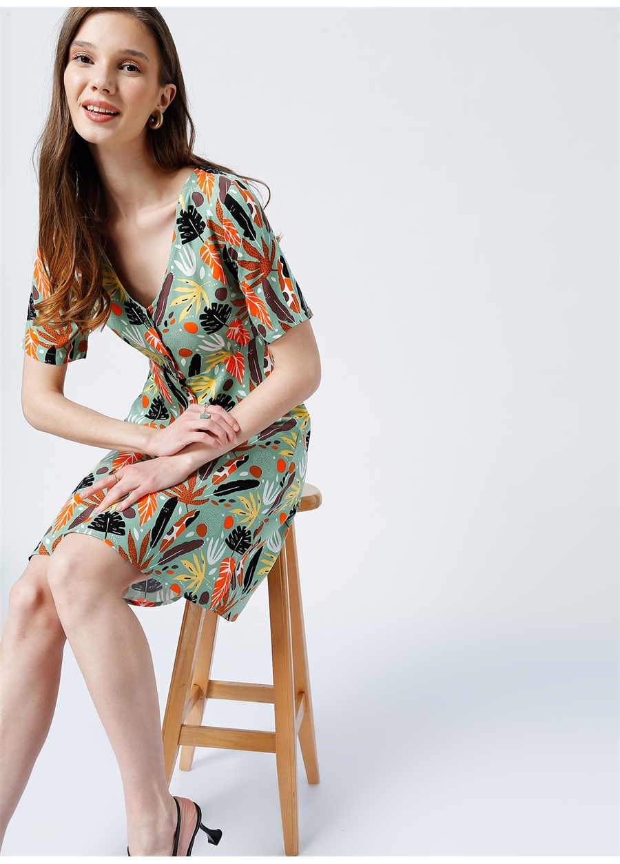 Fabrika V Yaka Desenli Mini Çok Renkli Kadın Elbise TORO-Y1