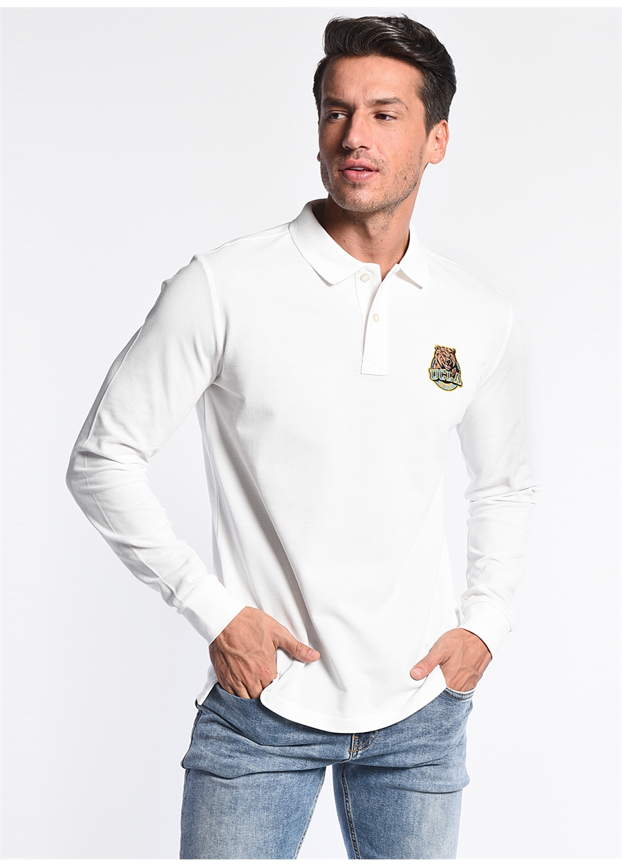 Ucla COMPTON Polo Yaka Standart Kalıp Nakışlı Beyaz Erkek Sweatshirt