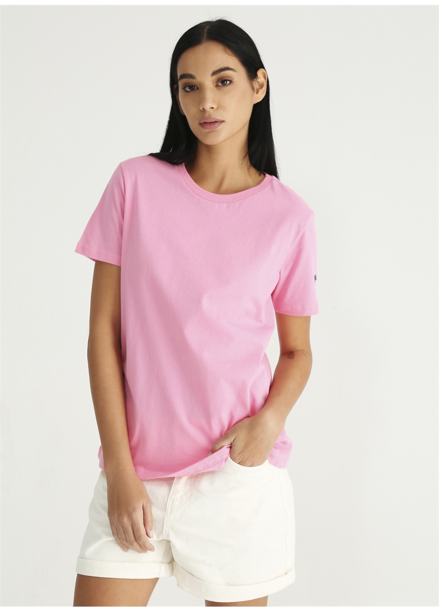 Fabrika Tengiz Bisiklet Yaka Basic Düz Açık Pembe Kadın T-Shirt_1