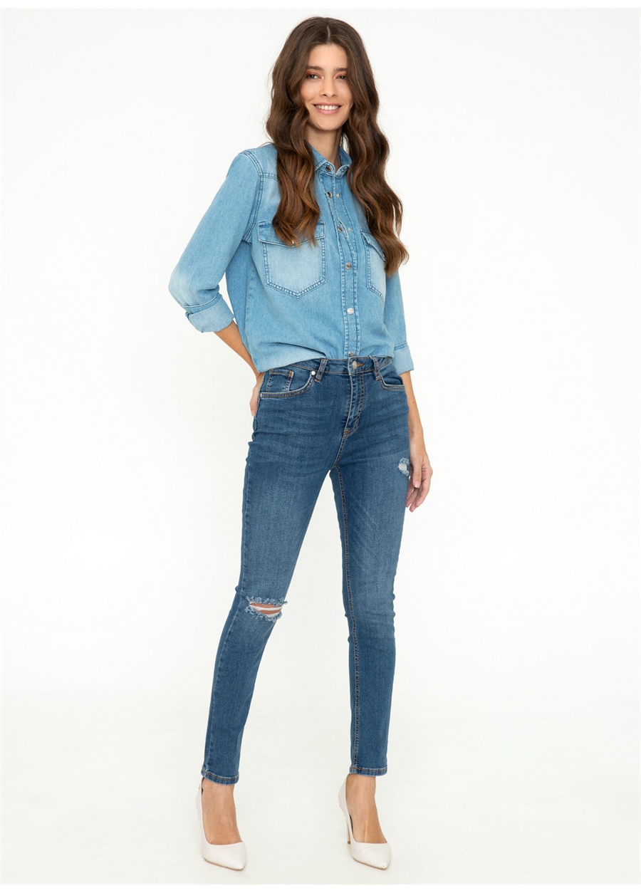 Pierre Cardin Yüksek Bel Süper Dar Paça Skinny Fit Mavi Kadın Denim Pantolon BOLT-