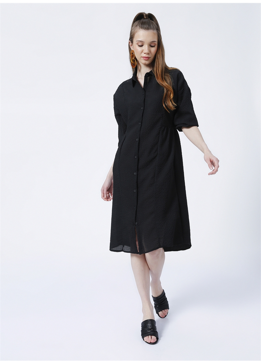 Fabrika Comfort Gömlek Yaka Geniş Fit Düz Siyah Kadın Midi Boy Elbise - CM-ALBERTO