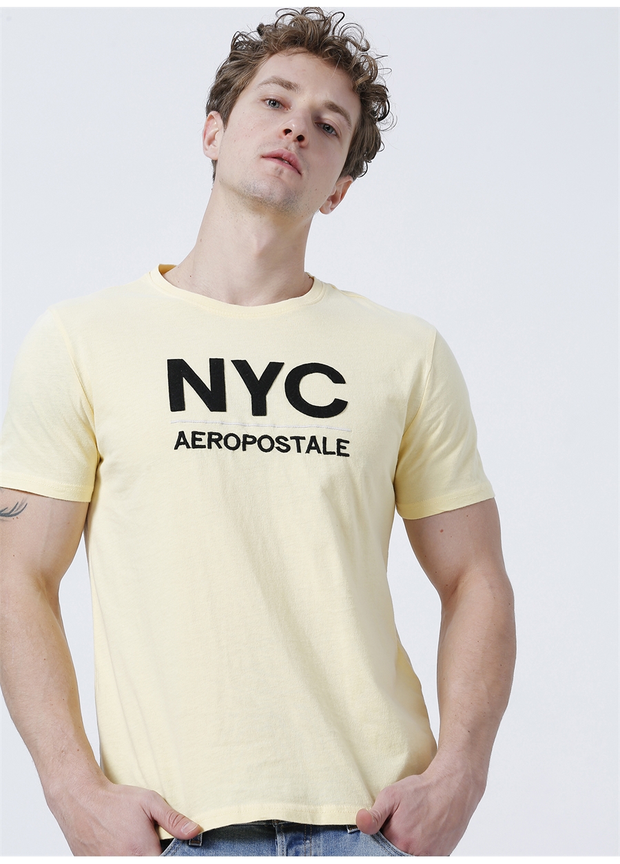 Aeropostale Bisiklet Yaka Nakışlı Açık Sarı Erkek T-Shirt E-9279