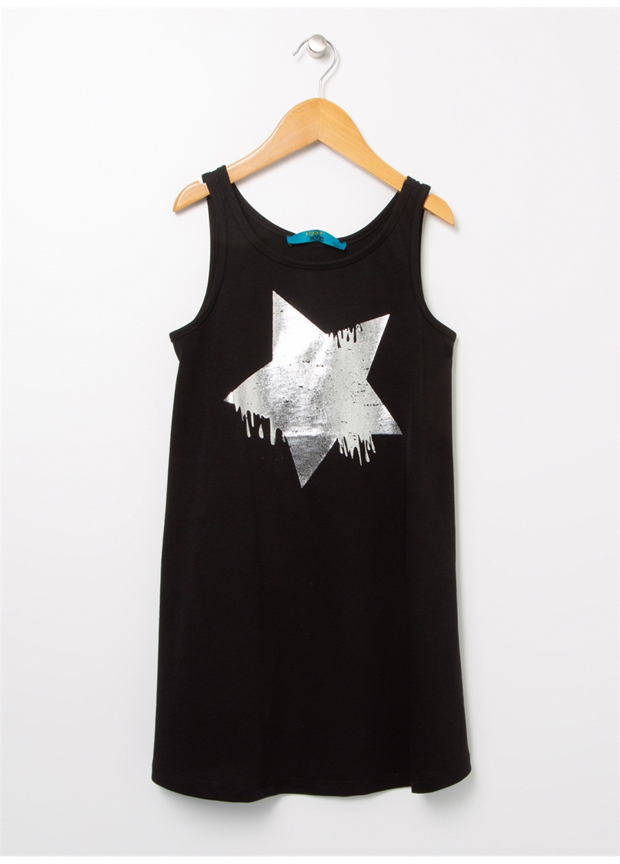 Funky Rocks Düz Yaka Standart Kalıp Baskılı Siyah Kız Çocuk Diz Üstü Elbise - GLG-22