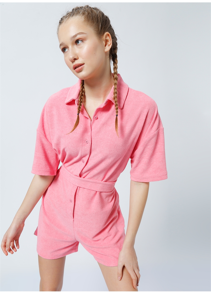 Limon Howard Gömlek Yaka Bağlamalı Standart Kalıp Düz Pembe Kadın Tulum