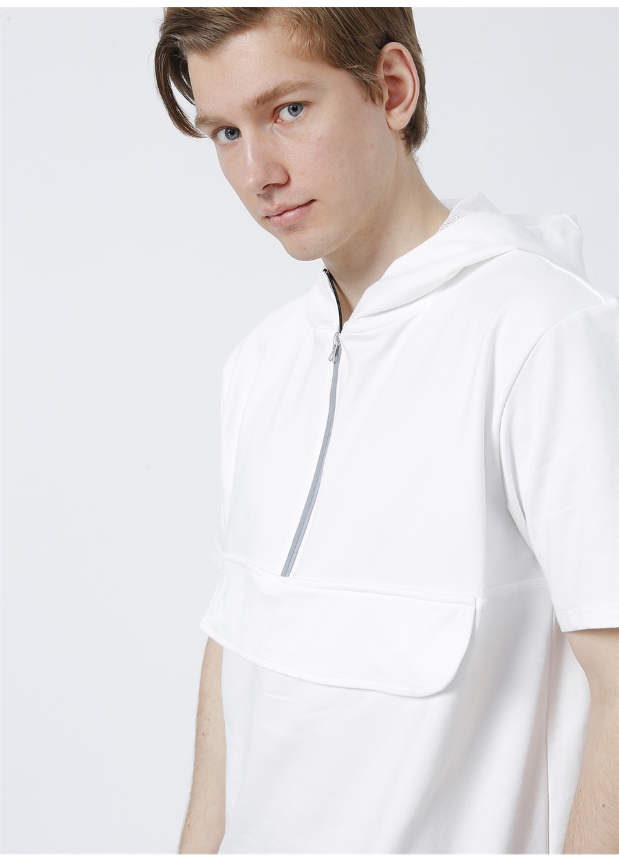 Limon Luka Kapüşonlu Modern Fit Düz Beyaz Erkek Sweatshirt