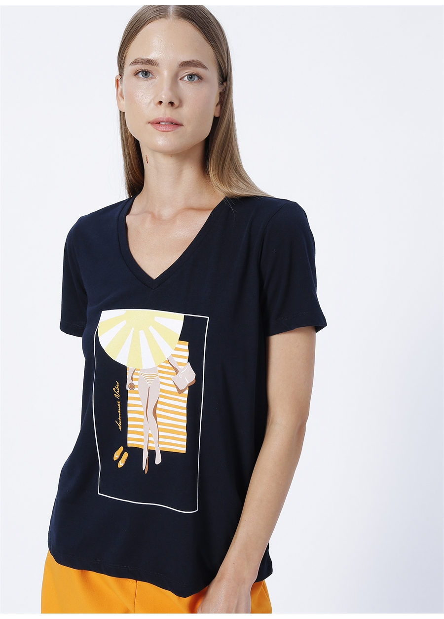 Fabrika Comfort V Yaka Baskılı Lacivert Kadın T-Shirt CM-ETRE