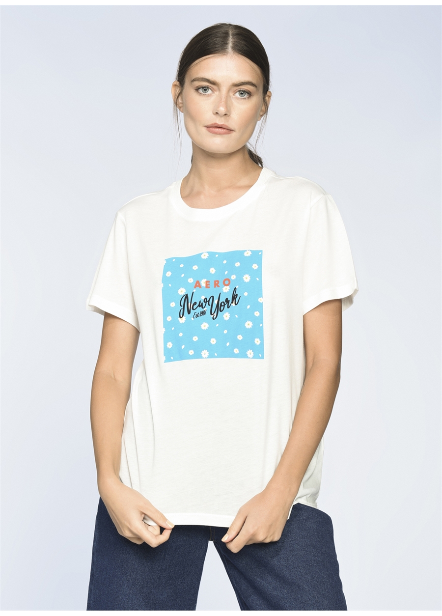 Aeropostale Bisiklet Yaka Baskılı Beyaz Kadın T-Shirt K-CALM