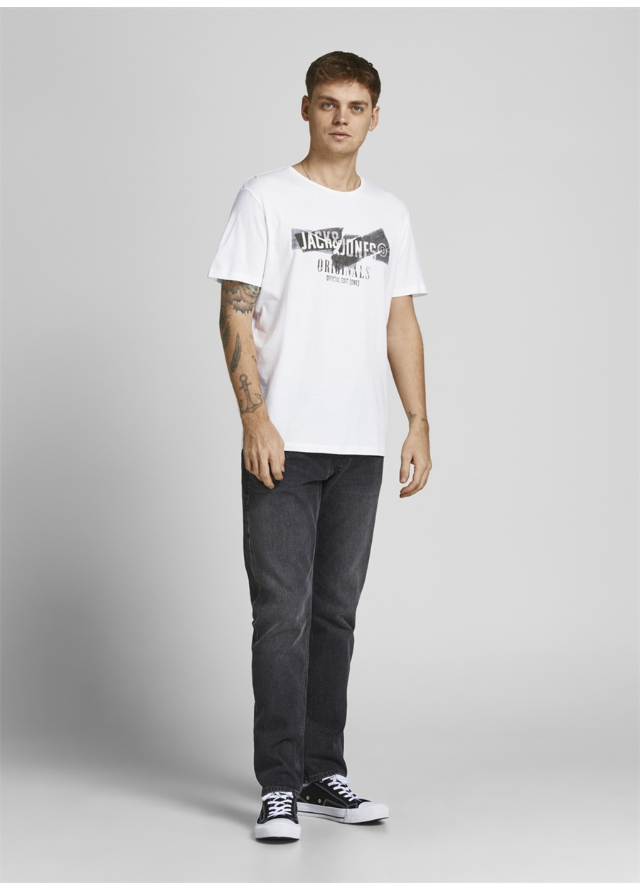 Jack & Jones 12205944_Jorcomfortbranding Tee Bisiklet Yaka Standart Kalıp Baskılı Kırık Beyaz Erkek