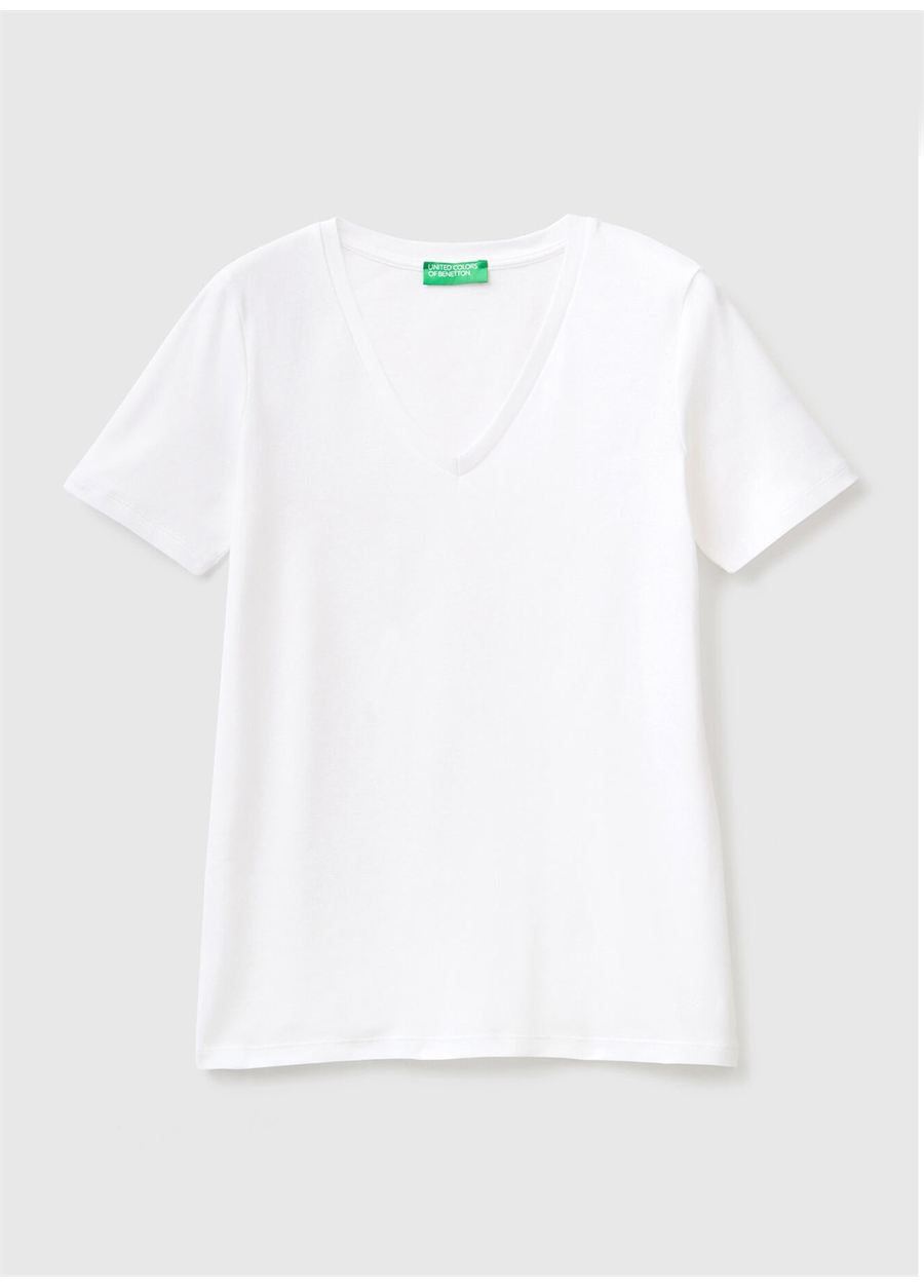 Benetton V Yaka Normal Kalıp Kadın Beyaz T-Shirt - 3GA2E4230