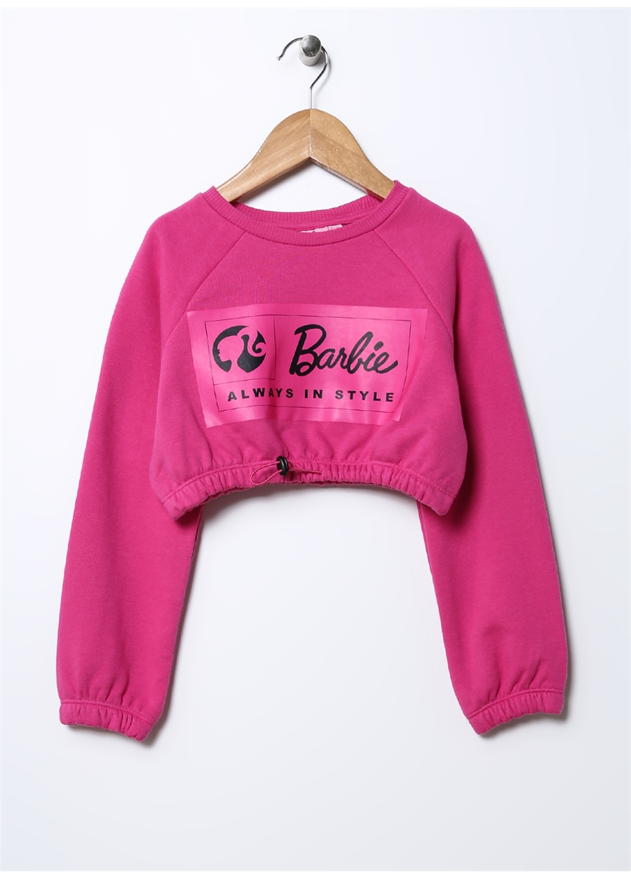 Barbie Pembe Kız Çocuk Bisiklet Yaka Uzun Kollu Crop Top Baskılı Sweatshirt 22BW-13