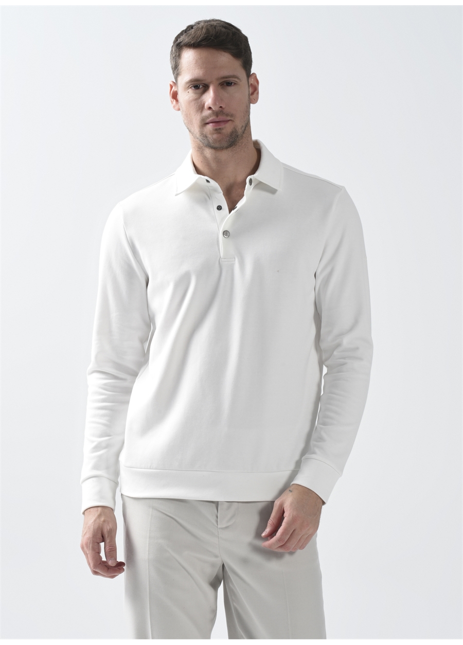 Fabrika Gömlek Yaka Basic Düz Kırık Beyaz Erkek Sweatshirt