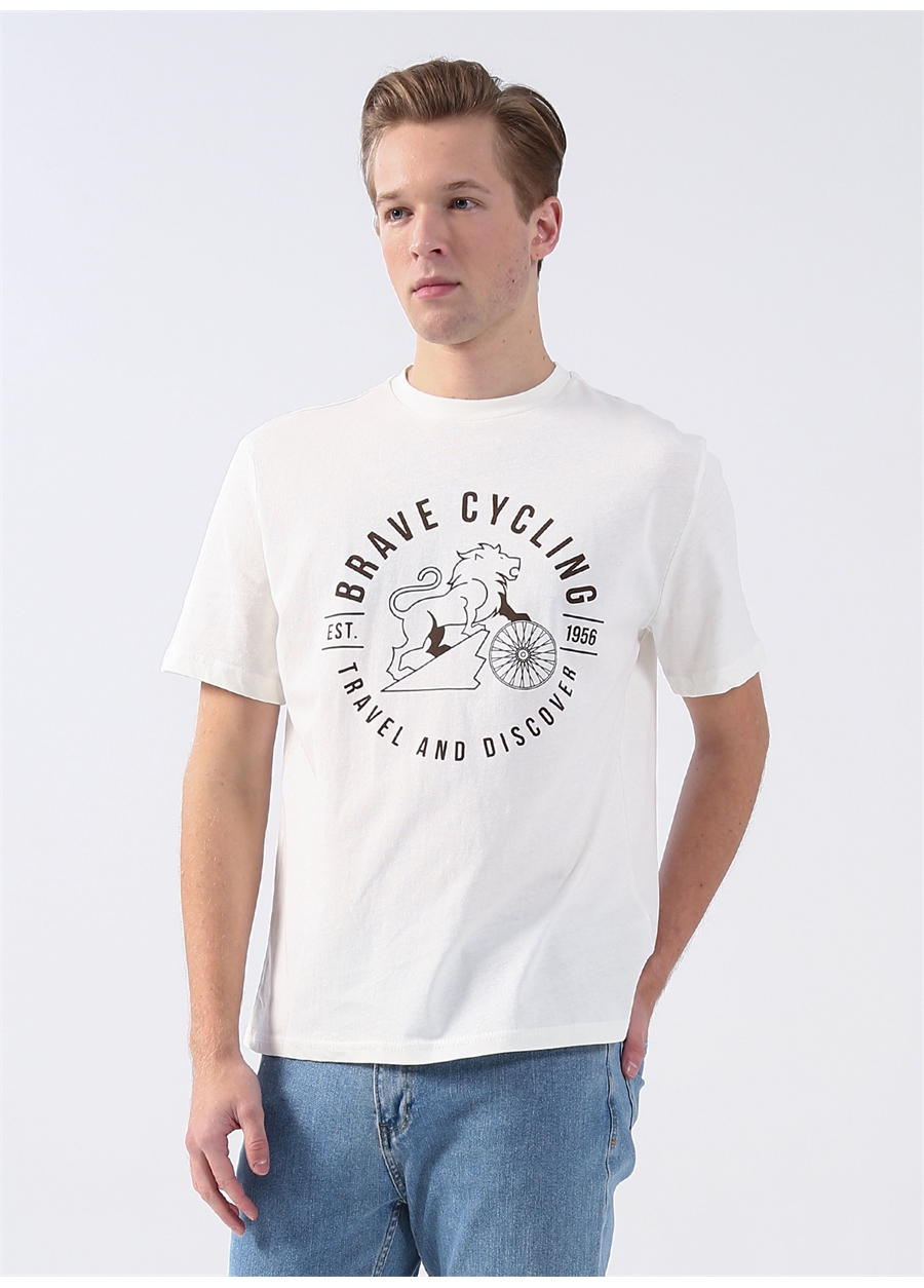 Limon Bisiklet Yaka Baskılı Ekru Erkek T-Shirt BRAVE-Y