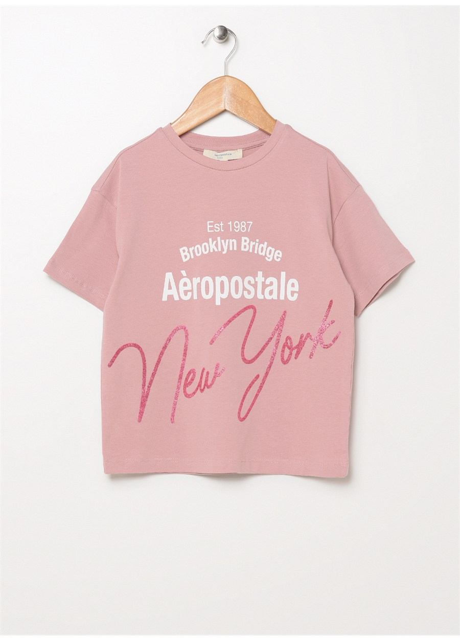 Aeropostale Pembe Kız Çocuk Bisiklet Yaka Kısa Kollu Varaklı T-Shirt 22WAG44