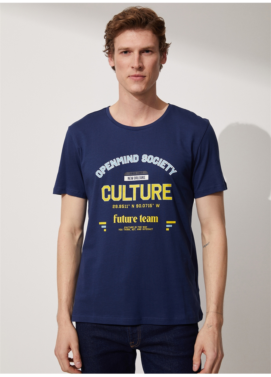 People By Fabrika Bisiklet Yaka Baskılı Koyu İndigo Erkek T-Shirt Culture