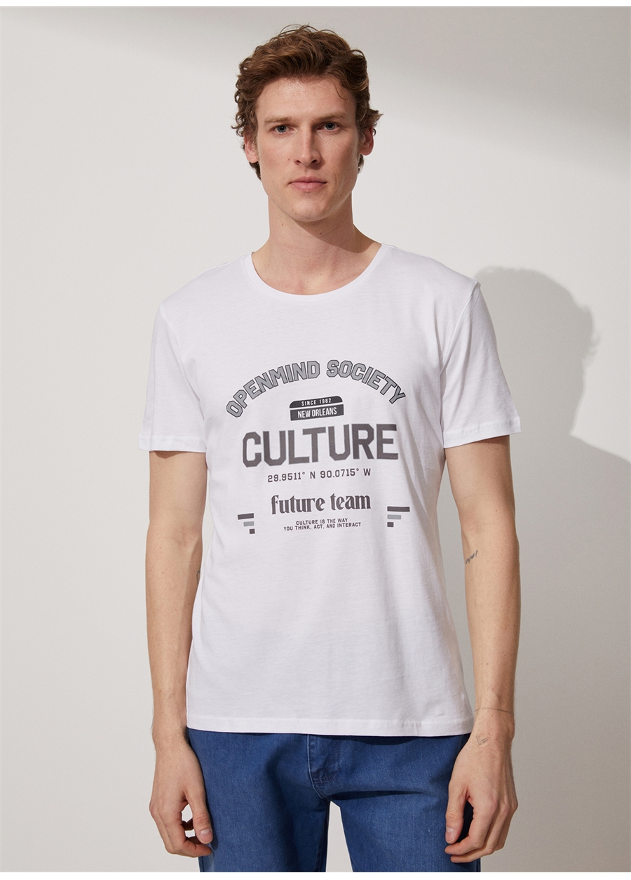 People By Fabrika Bisiklet Yaka Baskılı Beyaz Erkek T-Shirt Culture
