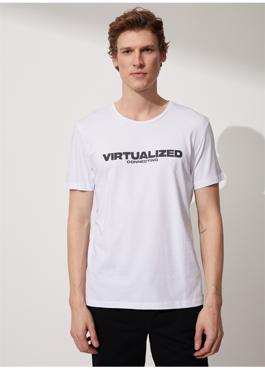 People By Fabrika Bisiklet Yaka Baskılı Beyaz Erkek T-Shirt Virtualized