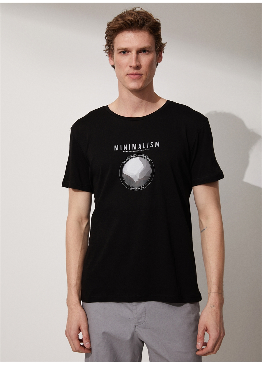 People By Fabrika Bisiklet Yaka Baskılı Siyah Erkek T-Shirt Minimalism