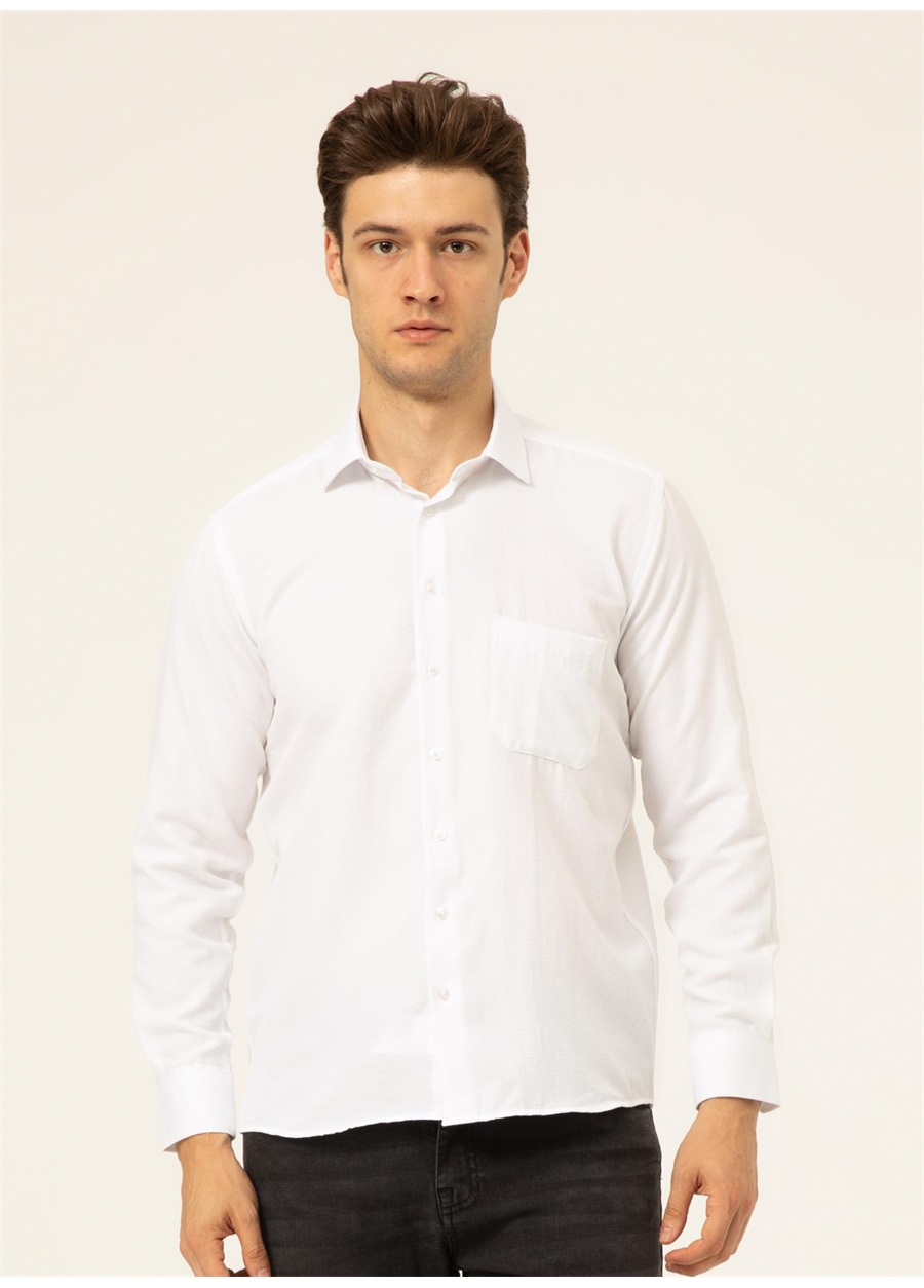 Süvari Klasik Yaka Armürlü Beyaz Erkek Gömlek GM2025000211