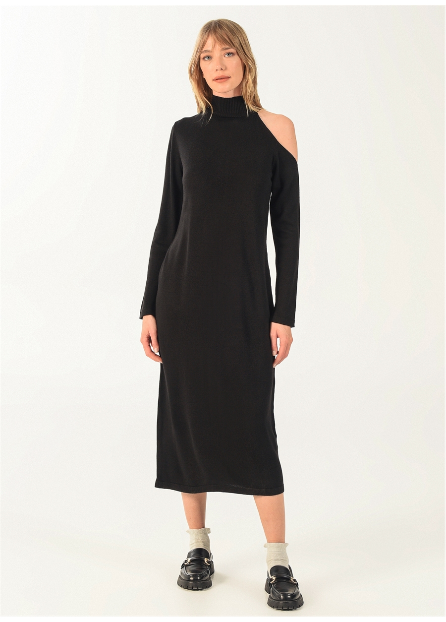 NGSTYLE Balıkçı Yaka Düz Uzun Siyah Kadın Elbise NG3001