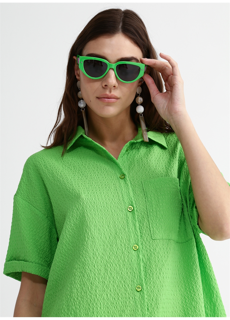 Fabrika Geniş Fit Gömlek Yaka Armürlü Yeşil Kadın Gömlek BETTEN