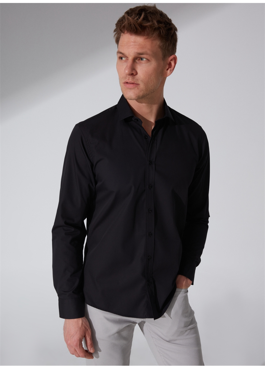 Süvari Klasik Yaka Düz Siyah Erkek T-Shirt GM1007100505