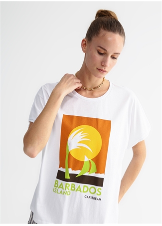 Fabrika Bisiklet Yaka Baskılı Beyaz Kadın T-Shirt RIDA_0