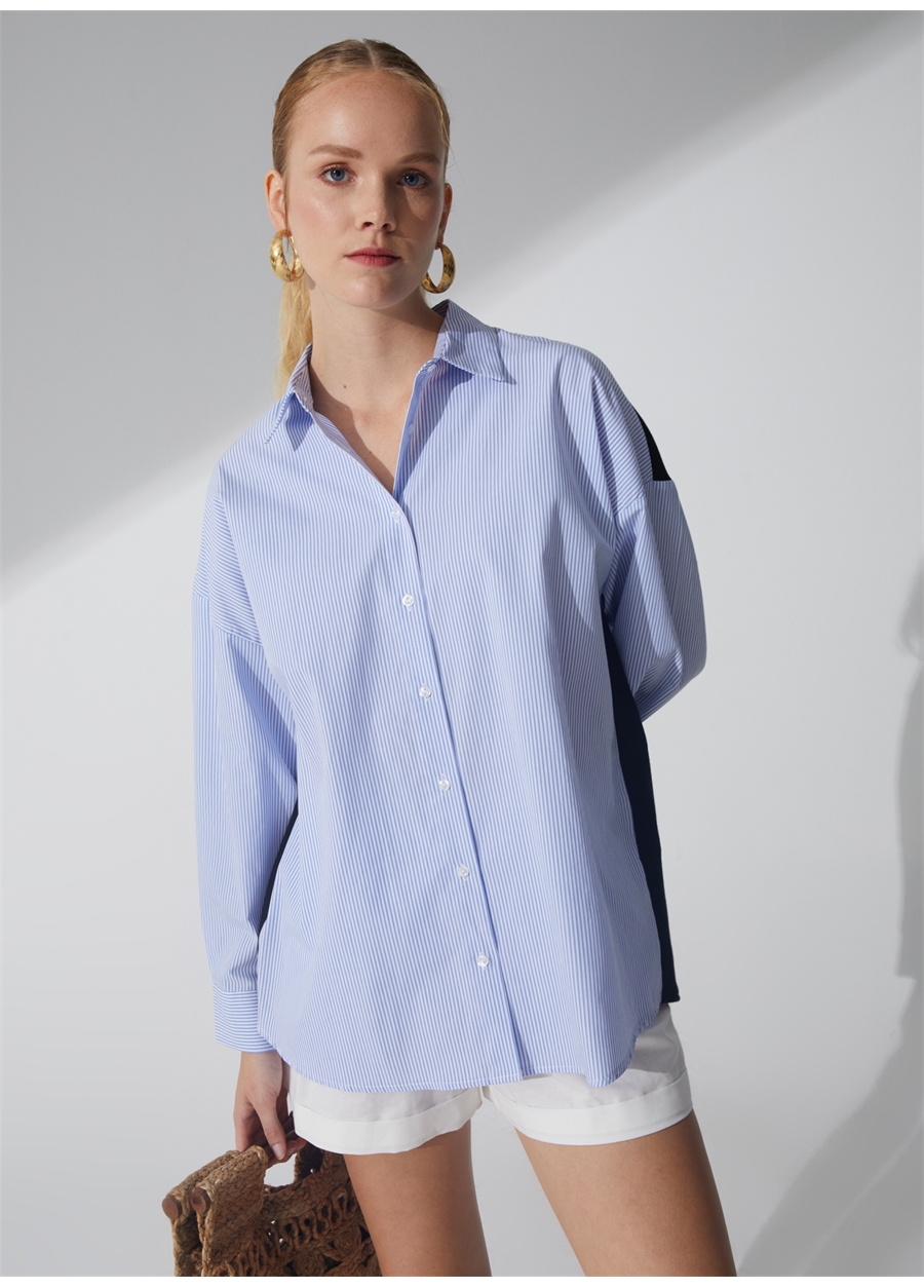 Fabrika Oversize Gömlek Yaka Çizgili Mavi - Beyaz Kadın Gömlek LEVISO