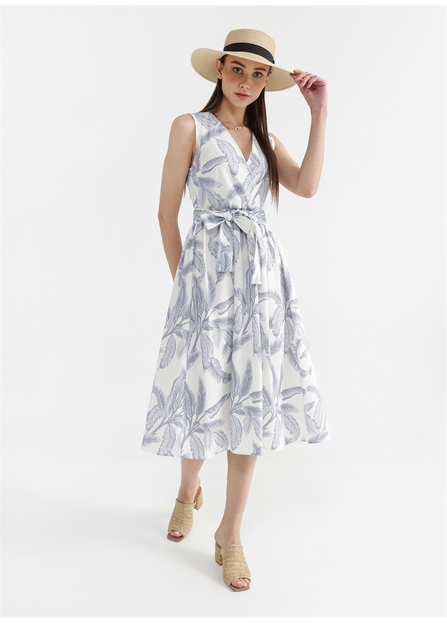 Fabrika Comfort V Yaka Desenli Beyaz - Mavi Midi Kadın Elbise CM-TRUMI