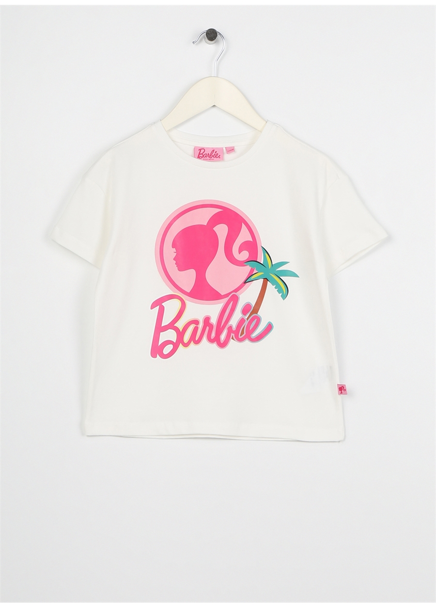 Barbie Ekru Kız Çocuk Bisiklet Yaka Düşük Omuz Oversize Baskılı T-Shirt 23SSB-07