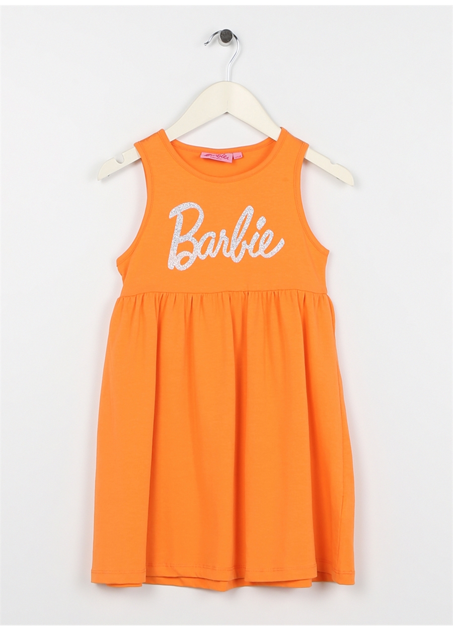 Barbie Turuncu Kız Çocuk Bisiklet Yaka Kolsuz Diz Üstü Baskılı Elbise 23SSB-85