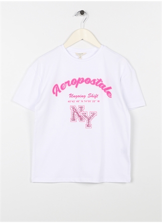 Aeropostale Ekru Kız Çocuk Bisiklet Yaka Düşük Omuz Oversize Baskılı T-Shirt 23SAG-06