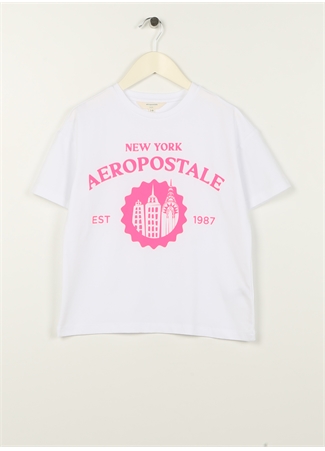 Aeropostale Ekru Kız Çocuk Bisiklet Yaka Düşük Omuz Oversize Baskılı T-Shirt 23SAG-02_0