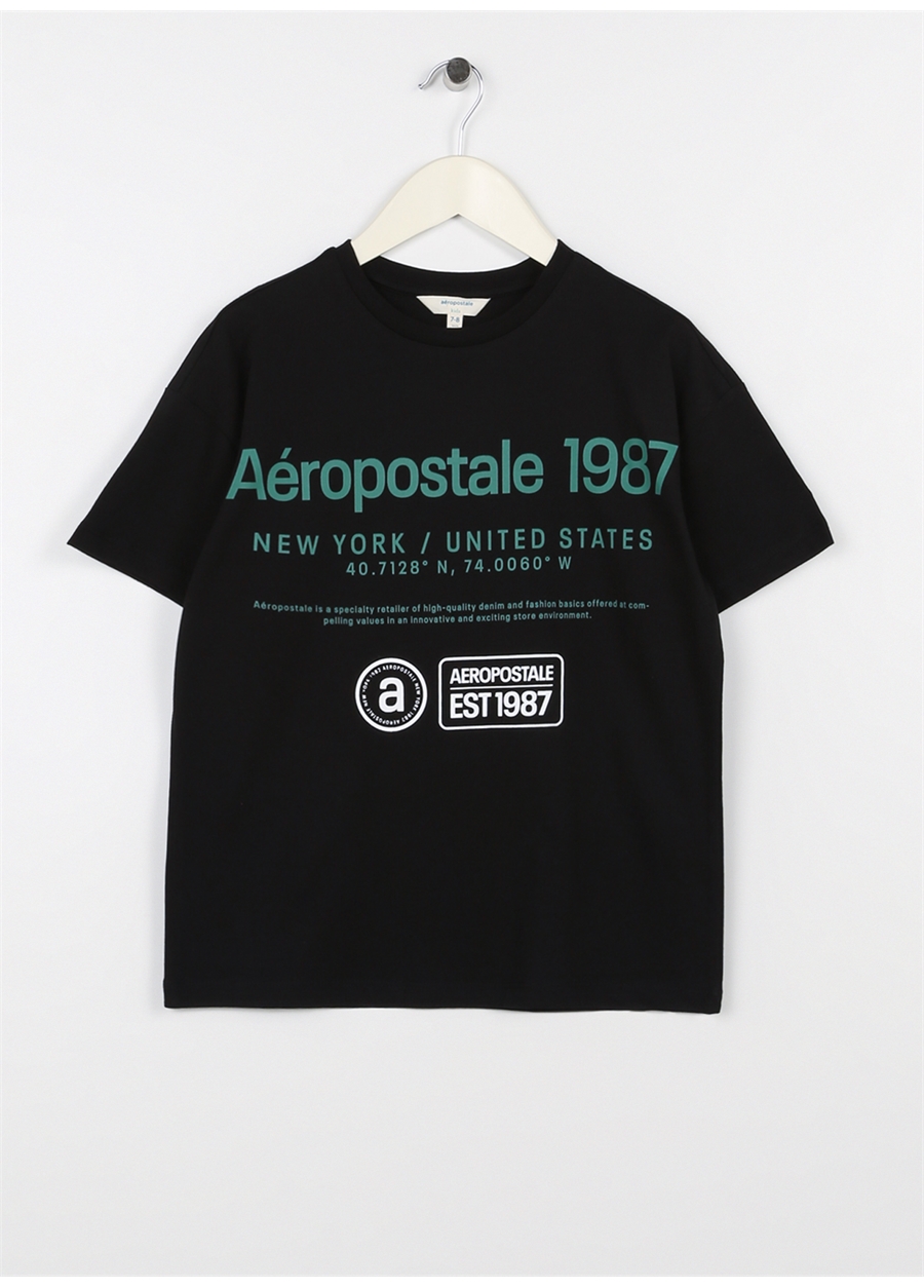 Aeropostale Siyah Erkek Çocuk Bisiklet Yaka Oversize Baskılı T-Shirt 23SAB-01