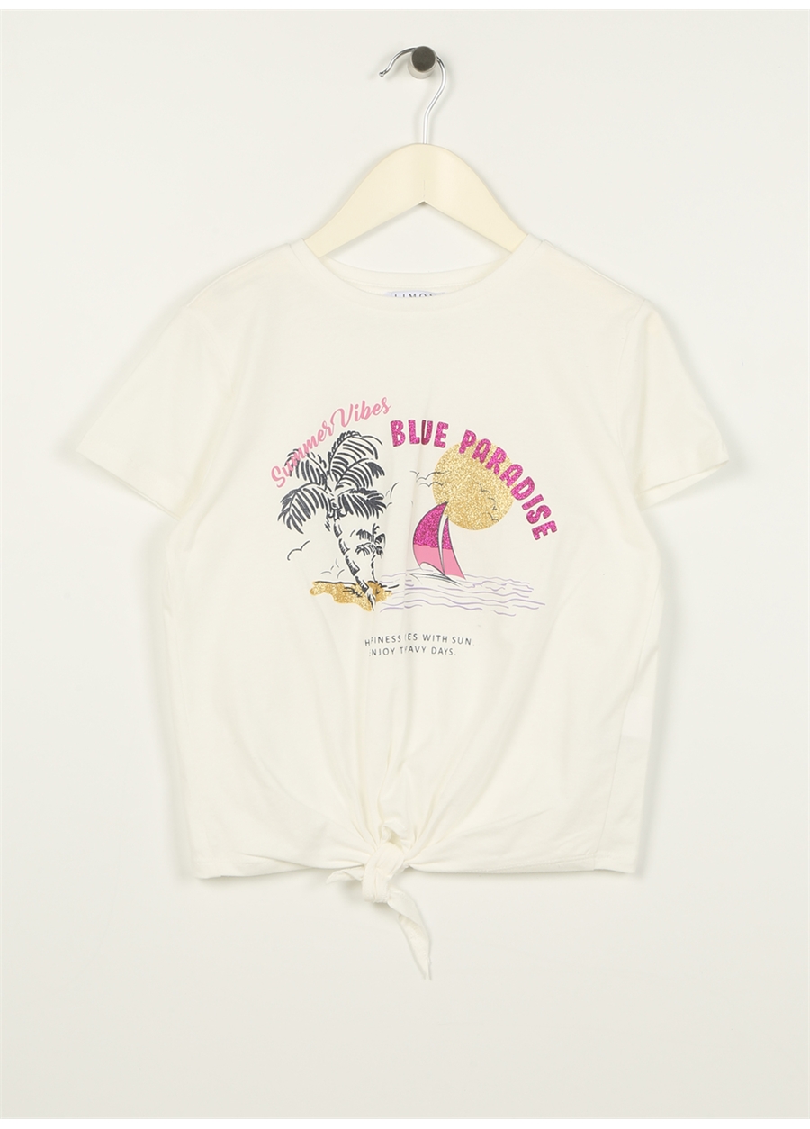 Limon Ekru Kız Çocuk Bisiklet Yaka Kısa Kollu Baskılı T-Shirt FOUR GIRL-23