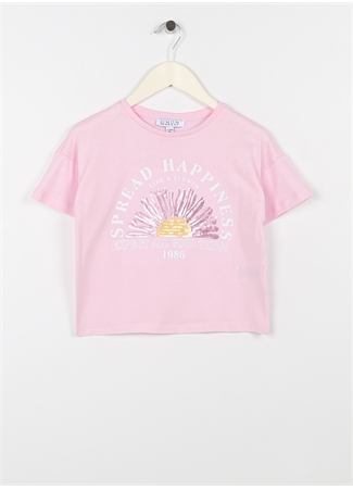 Limon Pembe Kız Çocuk Bisiklet Yaka Düşük Omuz Crop Baskılı T-Shirt READ GIRL-23_0