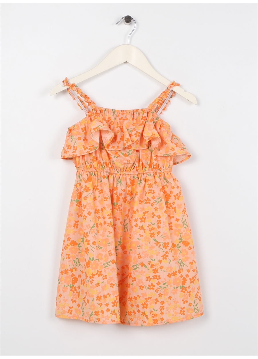 Koton Turuncu Kız Çocuk Kare Yaka Askılı Diz Altı Desenli Elbise 3SKG80013AW
