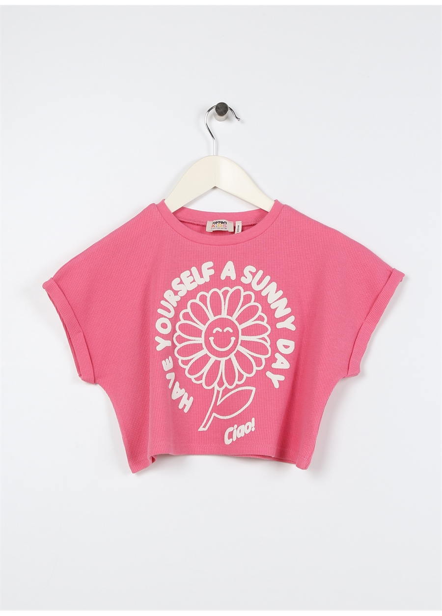Koton Pembe Kız Çocuk Bisiklet Yaka Kısa Kollu Baskılı T-Shirt 3SKG10194AK