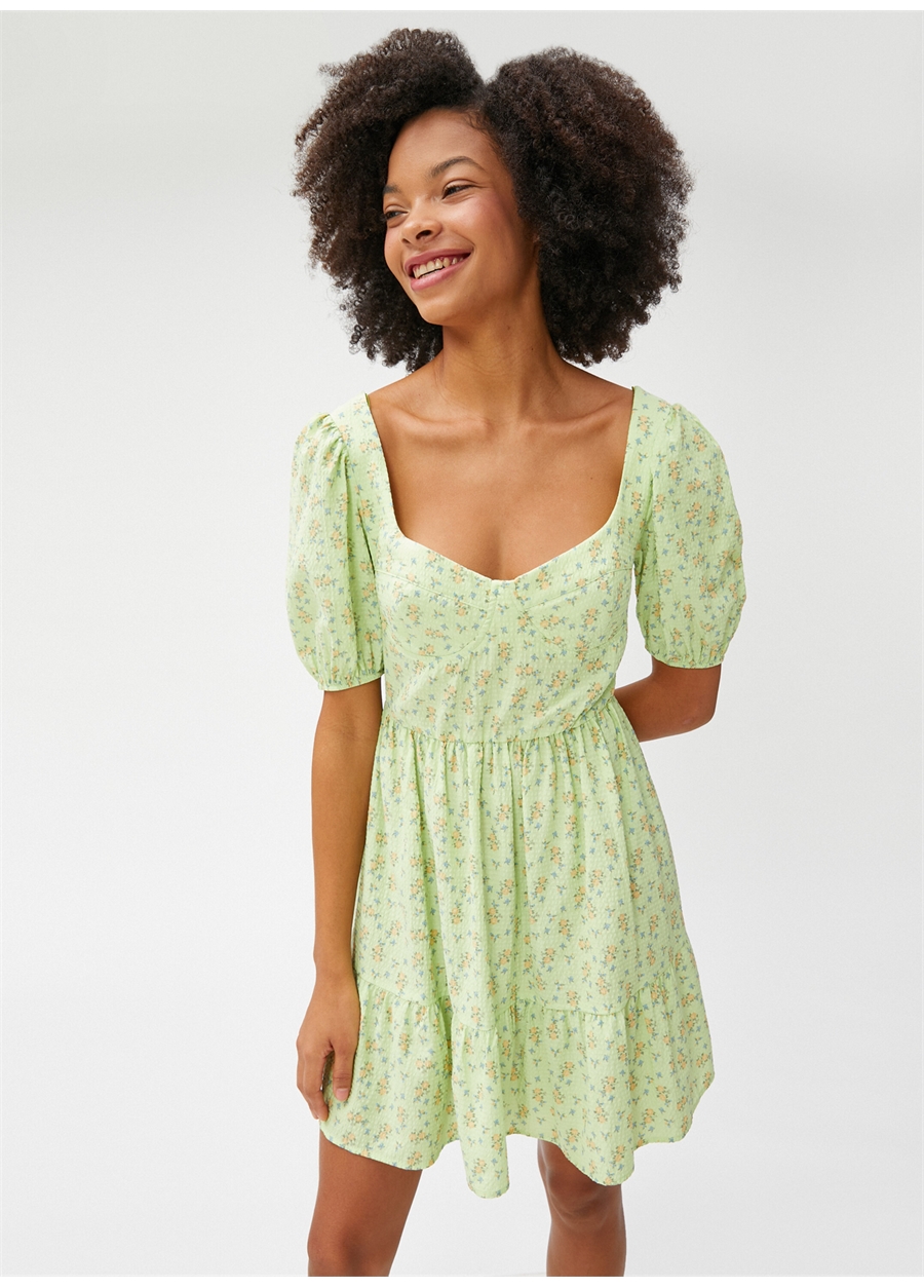 Koton Yeşil Kadın Kalp Yaka Kısa Kol Kısa Desenli Elbise 3SAL80017IW