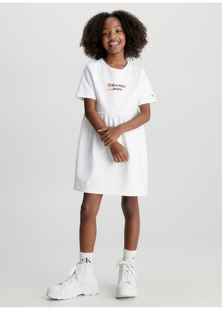 Calvin Klein Bisiklet Yaka Kız Çocuk Midi Beyaz Elbise IG0IG01973YAF
