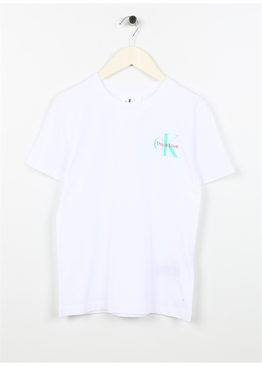 Calvin Klein Beyaz Erkek Çocuk Bisiklet Yaka Yarım Kollu Desenli T-Shirt IU0IU00488YAF