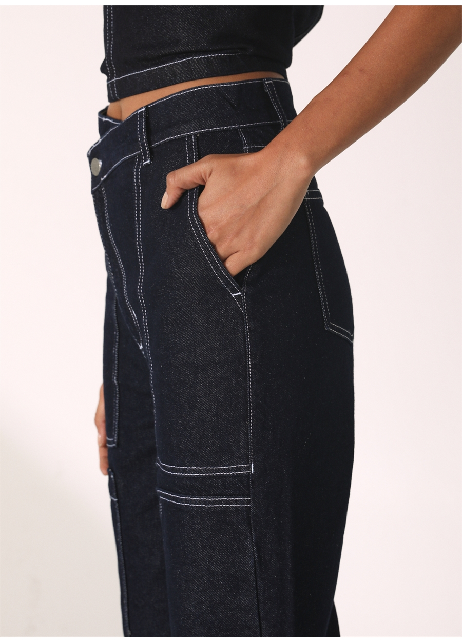 Didem Soydan X Fabrika Yüksek Bel Geniş Paça Geniş Fit Koyu İndigo Kadın Denim Pantolon D207_4