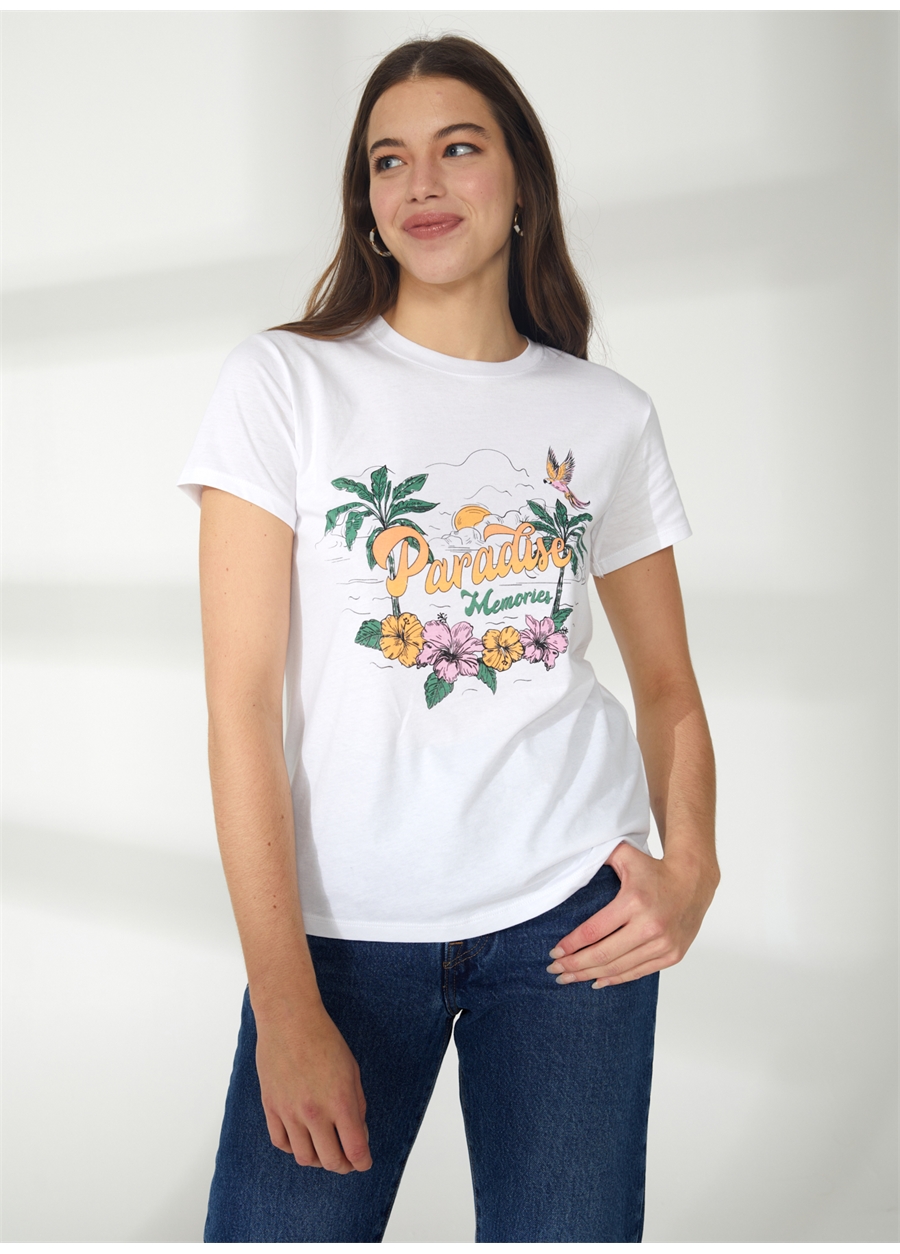 Mavi Yuvarlak Yaka Beyaz Kadın T-Shirt M1611448-620-PARADISE BASKILI TİŞÖR_1